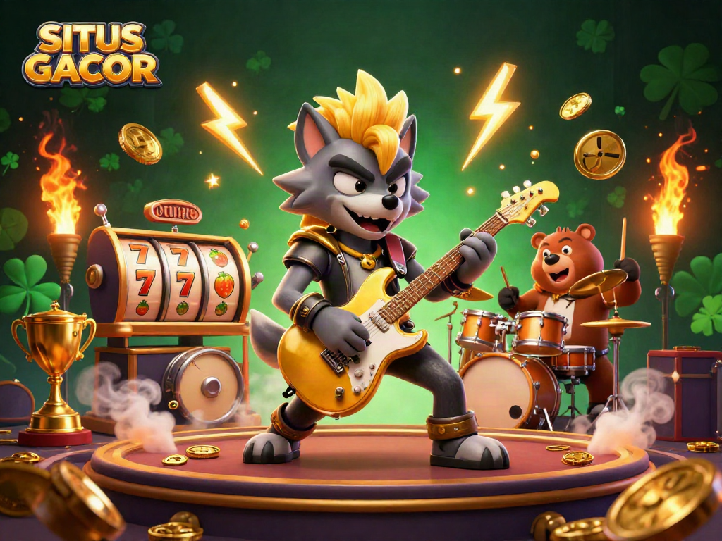 SITUS GACOR highlights a dynamic casino stage scene featuring a rock star wolf and exciting slot game elements.