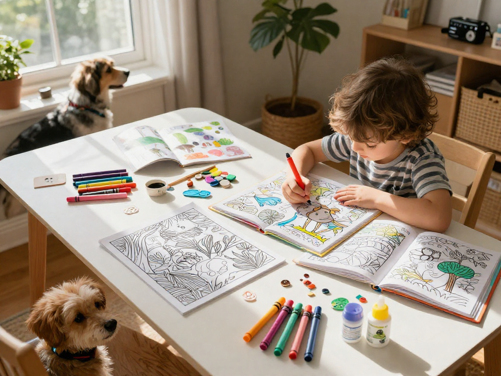 Child coloring in a vibrant coloring book, surrounded by creative supplies and art.