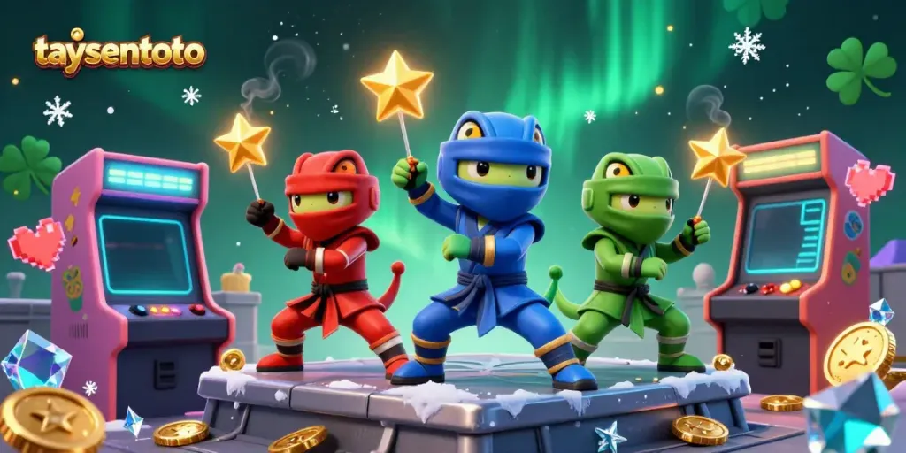 Taysentoto chameleons in vibrant colors showcase synchronized martial arts alongside dazzling arcade elements.