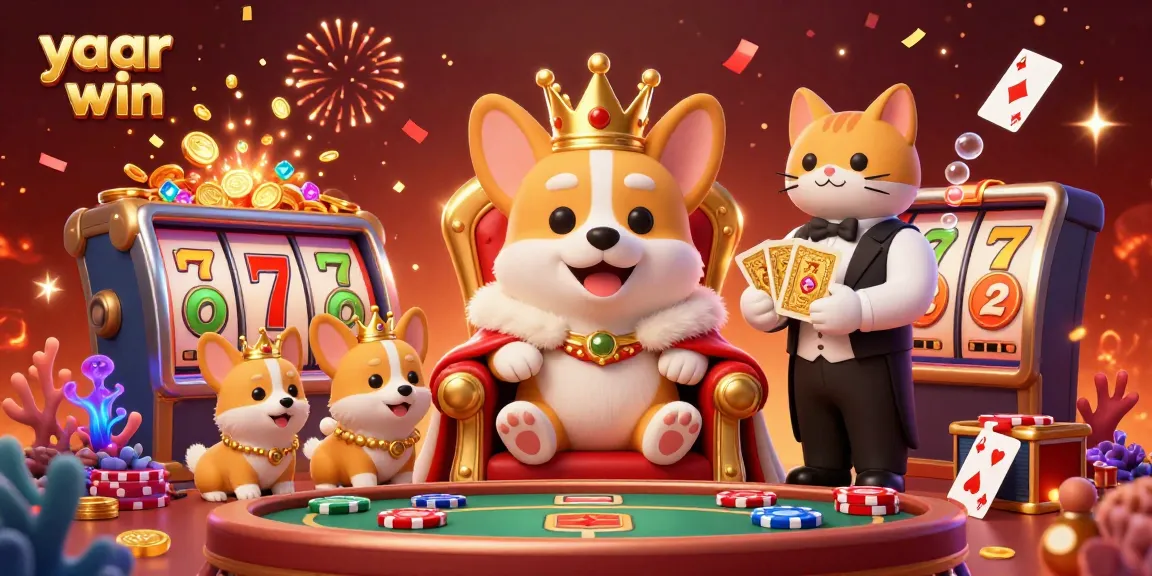 Experience the thrill of yaar win with vibrant casino elements and a royal corgi scene filled with excitement.