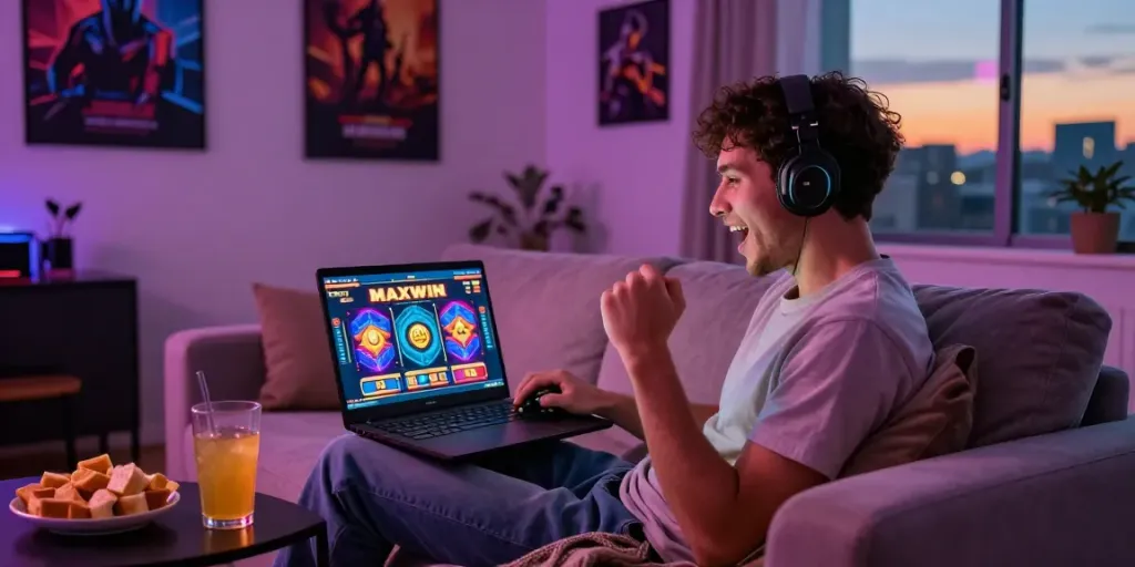 Exciting online gaming experience with slot maxwin on a laptop in a cozy living room.