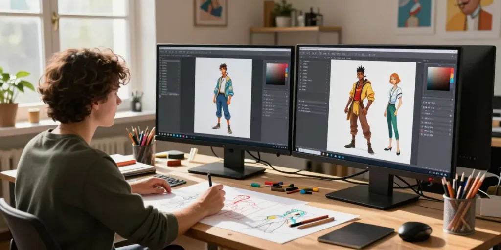 Workspace showing artists using an AI character sheet generator to create character designs.
