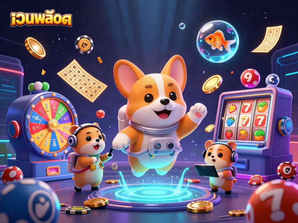 Experience the thrilling fun of เว็บสล็อต with a dynamic 3D casino illustration showcasing floating slots and vibrant lottery elements.