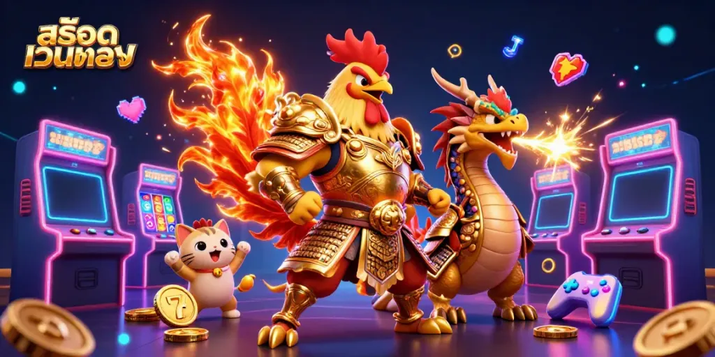 Experience the thrill with สล็อตเว็บตรง featuring a rooster warrior, dragon hatchling, and neon slot games.