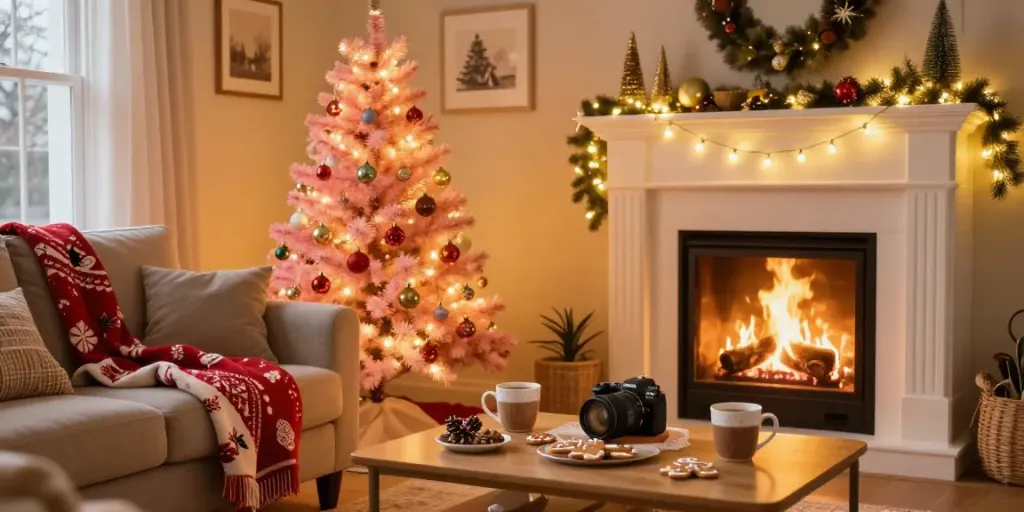 Beautiful small pink Christmas tree lit with LED lights in a cozy living room setting.