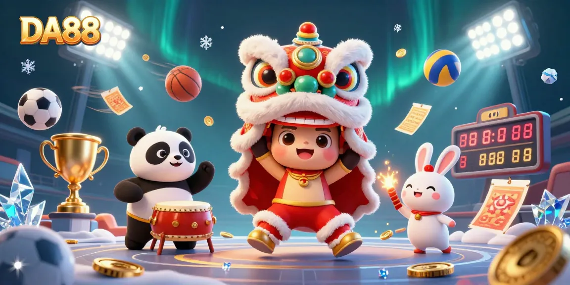 Experience the excitement of DA88 with a vibrant 3D dragon dance celebrating gaming and sports.
