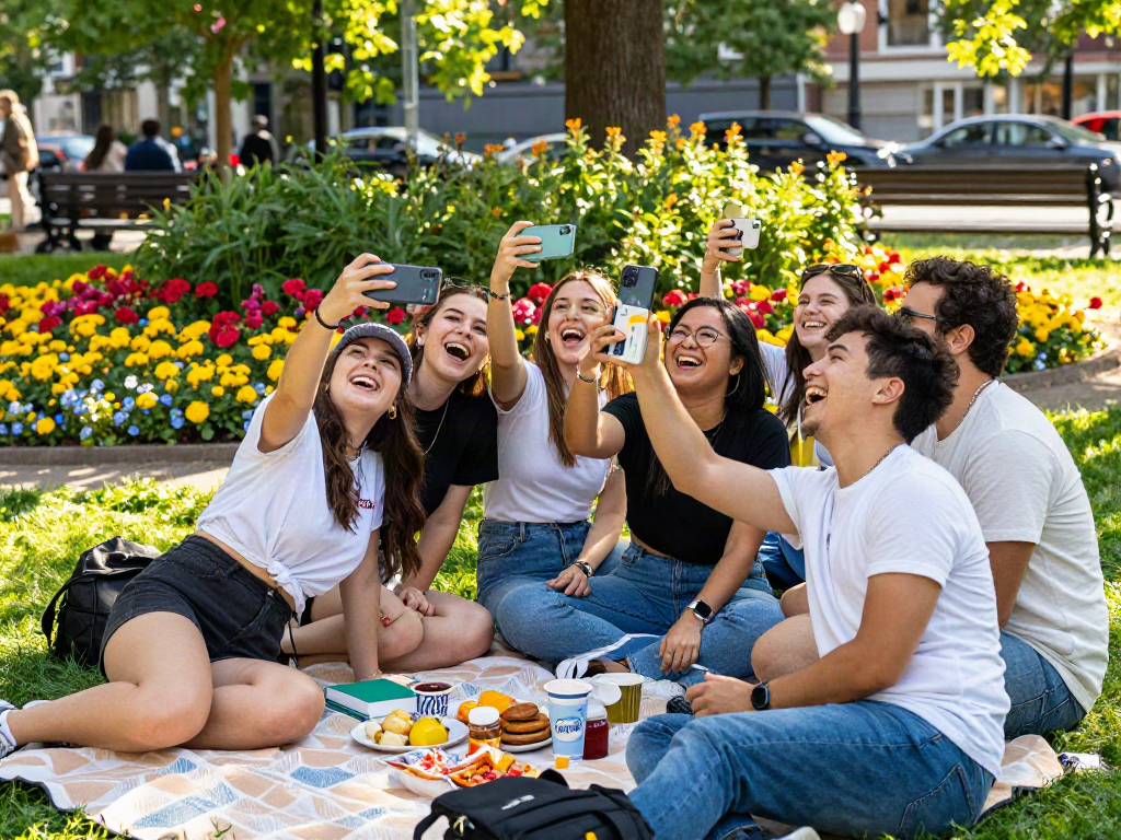 Group of friends enjoying a sunny day in the park, wondering how old do I look as they take selfies together.