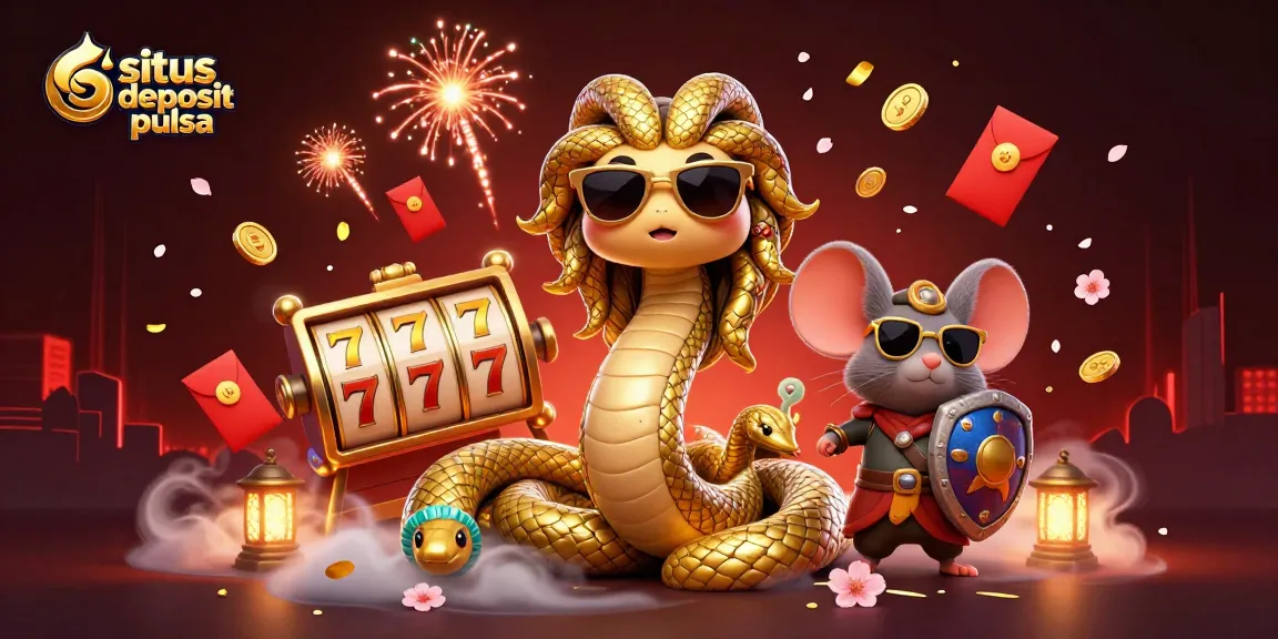 Situs deposit pulsa showcases exciting slot gameplay with friendly Medusa and a warrior, surrounded by festive casino elements.