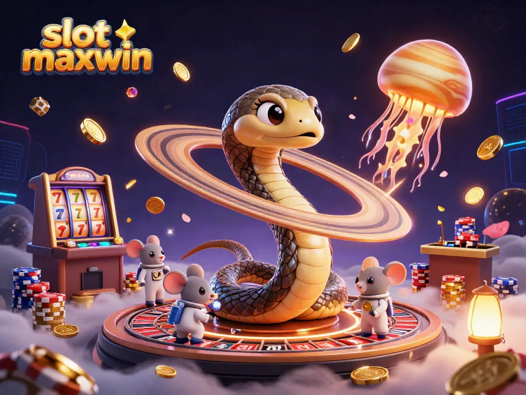 Jelajahi dunia slot maxwin dengan ilustrasi kasino bertema luar angkasa yang dinamis.