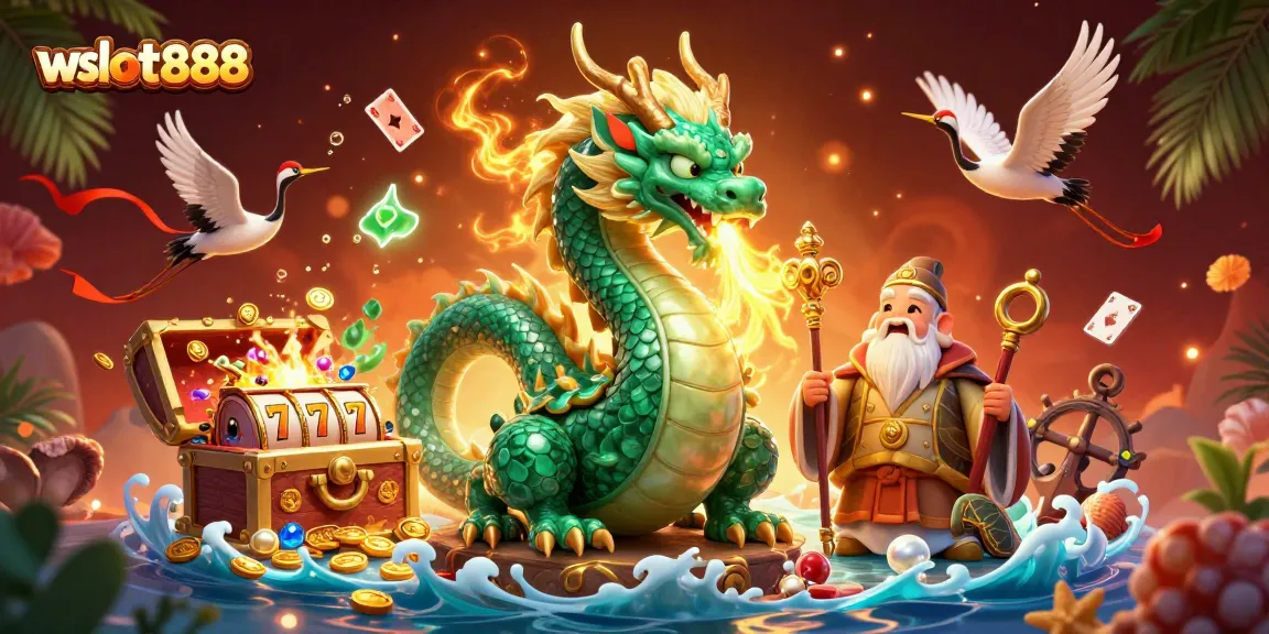 Permainan slot gacor unik dalam ilustrasi 3D dari wslot888 dengan naga, kura-kura, dan burung crane.