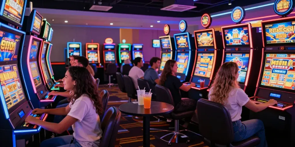 Pengalaman bermain slot server Thailand dengan teman-teman, suasana kasino yang ceria dan penuh warna.