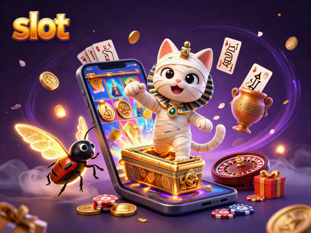 Engage in thrilling slot gameplay with an Egyptian mummy cat and golden coins erupting