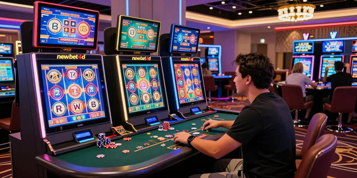 Player enjoying newbet4d gaming experience at a vibrant casino with modern terminals and colorful digital games.