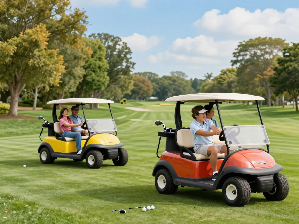 Electric golf cart dealer showcasing family fun on a sunny golf course.