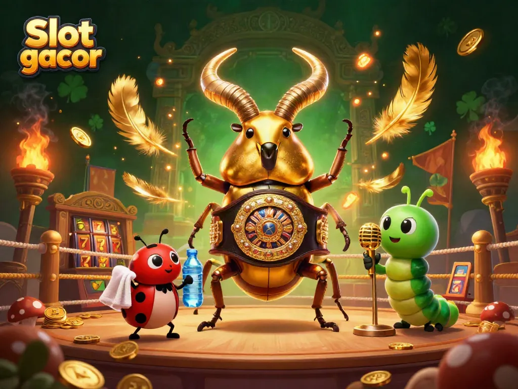 Slot gacor features an epic showdown with a golden stag beetle and gaming elements in a vibrant arena