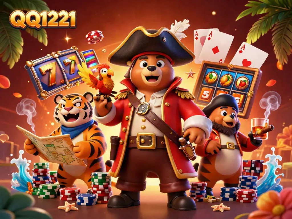 Spin and win on QQ1221 with our vibrant casino bear and friends!