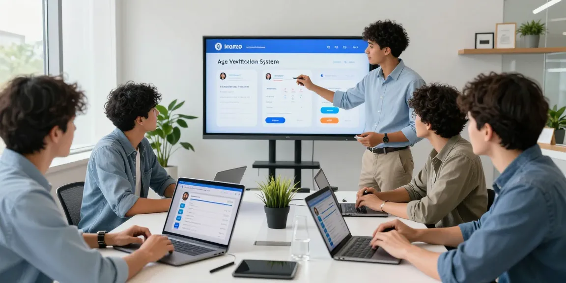 Age verification system discussion in a modern tech workspace with diverse professionals analyzing compliance and user feedback.