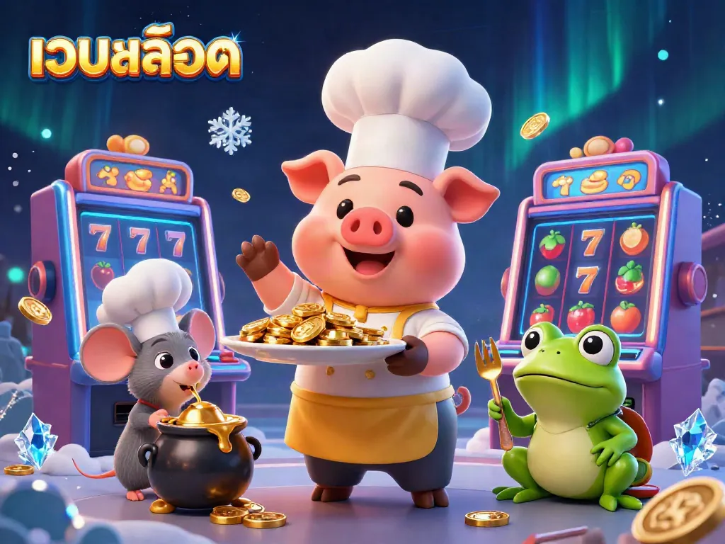 Enjoy thrilling เว็บสล็อต action with gold coins and dynamic slot machines in this colorful scene.