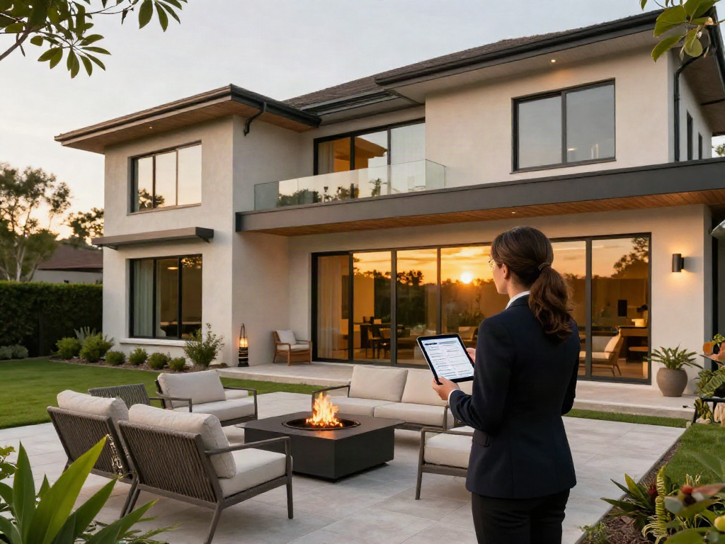 Real estate agent presenting luxury property listings while discussing slot 10k features on a beautiful patio.