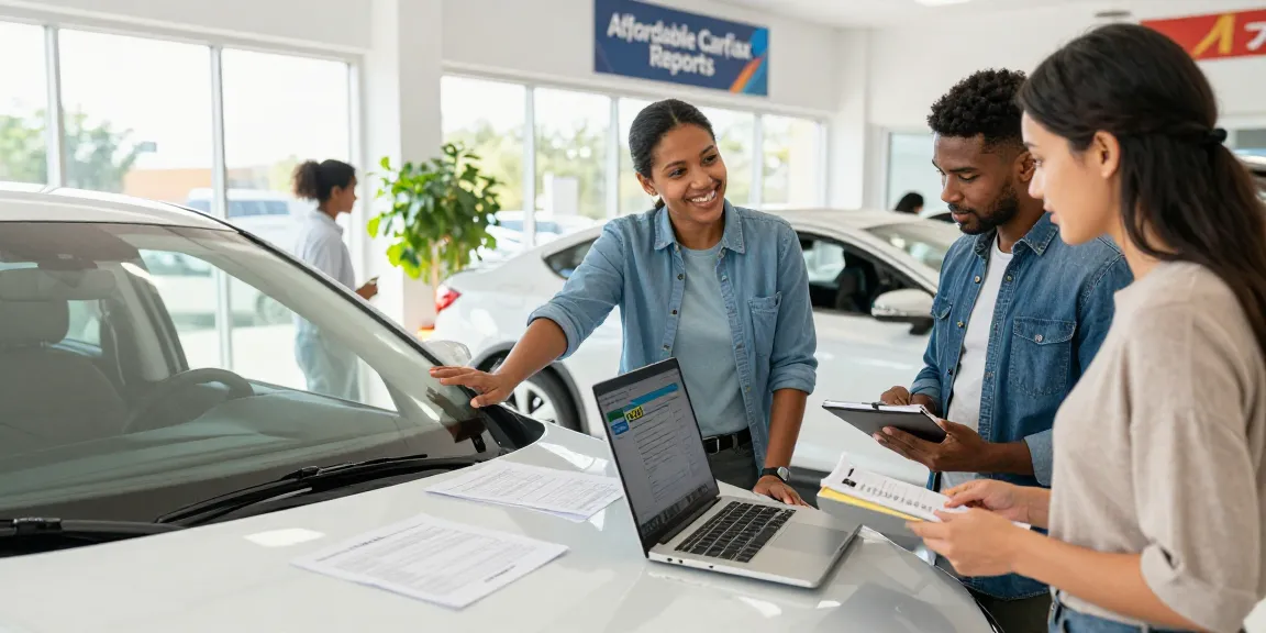 Cheap Carfax vehicle inspection scene in a dealership, highlighting car history insights with friendly discussion.