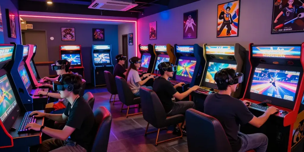 Engaging arcade gaming scene at luxury333 with friends enjoying VR experiences and vibrant lighting.