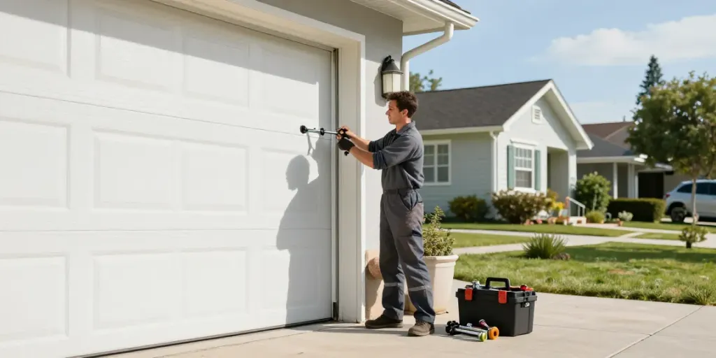 Expert technician performing roller door repair near me in Inglewood driveway.