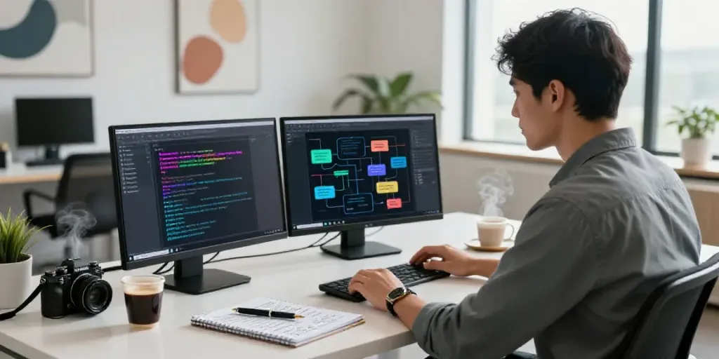Copywriter using artificial intelligence copywriting tools in a modern workspace, highlighting creativity and productivity.