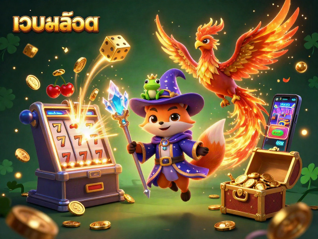 Play exciting เว็บสล็อต games with a mystical wizard fox and phoenix in this vibrant casino scene.