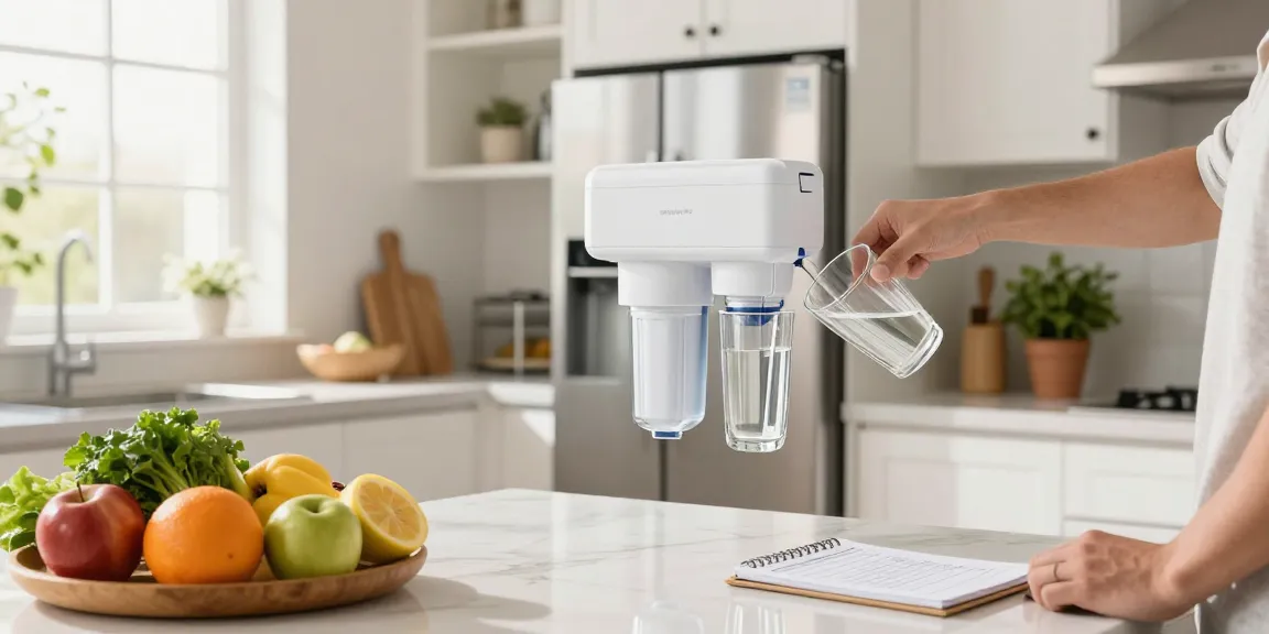 Waterdrop Plus RPWF Refrigerator Water Filter in action pouring fresh water in a bright, modern kitchen.