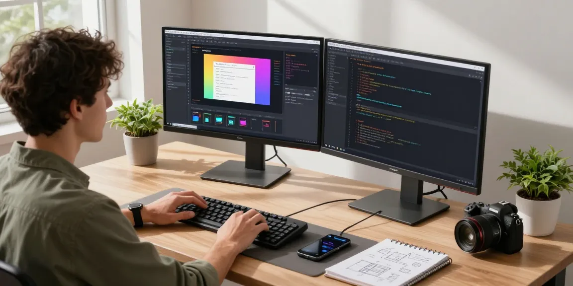Dynamic software development at snipaste官网, featuring a coder’s workspace with dual monitors and design tools.