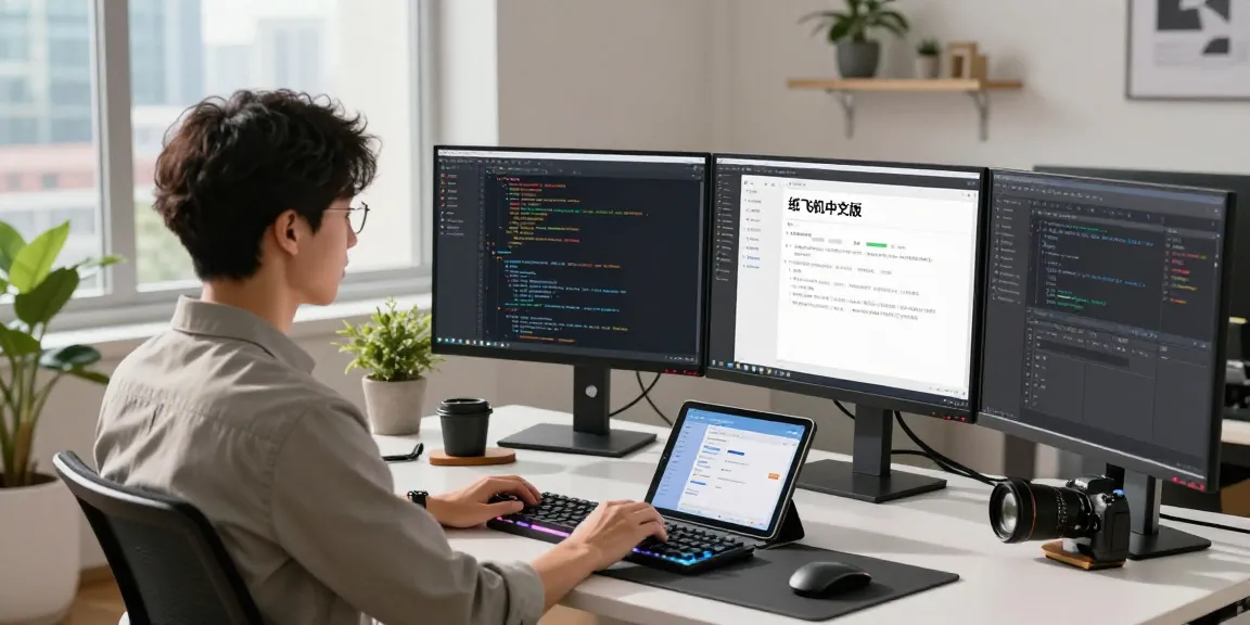 Developer engaging with code and design for 纸飞机中文版 in a bright modern tech workspace.