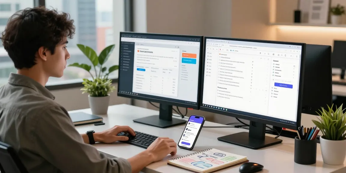Professional utilizing AI marketing tools in a modern workspace with analytics displayed on screens.