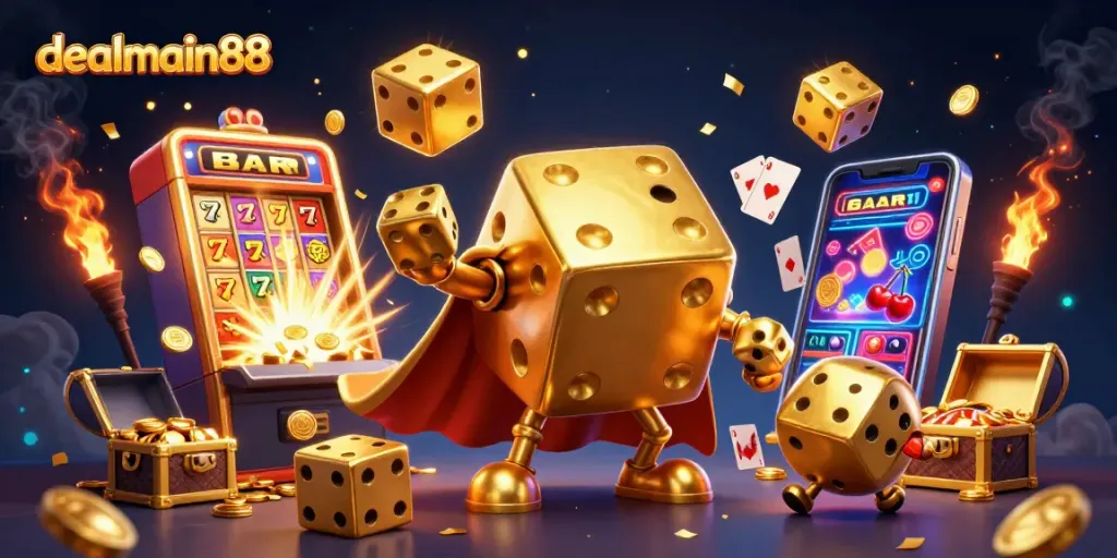 Engage with exciting gaming at dealmain88 with a dynamic casino illustration featuring golden dice and jackpots.
