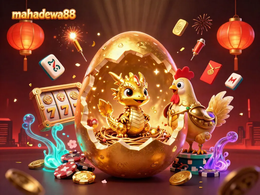 Experience the excitement of mahadewa88 as a golden dragon nests on poker chips amidst slot reels and vibrant gambling elements.