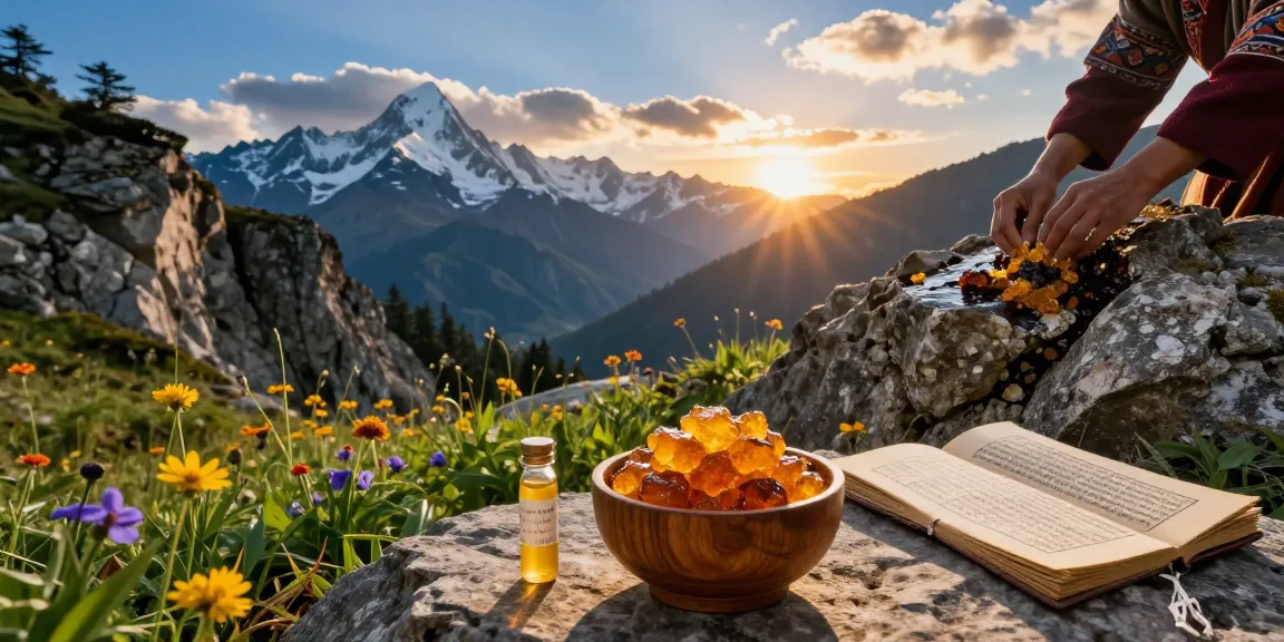 Shilajit Australia: Authentic Himalayan resin collection in natural landscape with vibrant sunset.