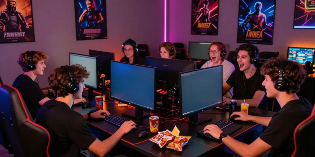 Friends enjoying an exciting online slot game session with vibrant lighting and gaming setup.