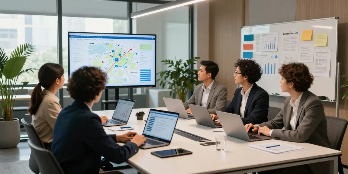 Team discussing LLG link indx services in a modern office, showcasing collaboration and digital analytics.
