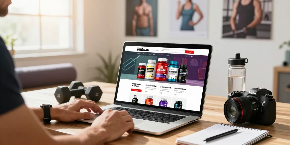 Beligas Shop online shopping scene showcasing fitness supplements and steroids.