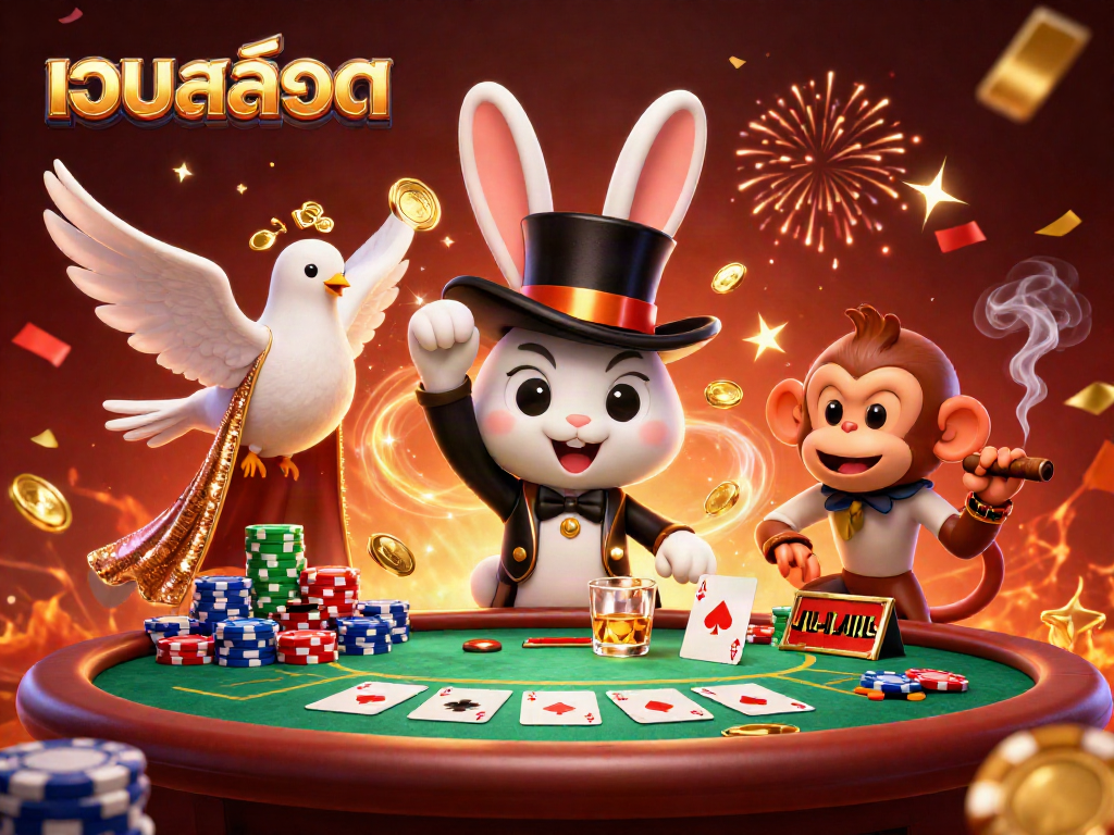 Experience the thrill of เว็บสล็อต as a magician rabbit conjures gold coins amidst vibrant poker elements.