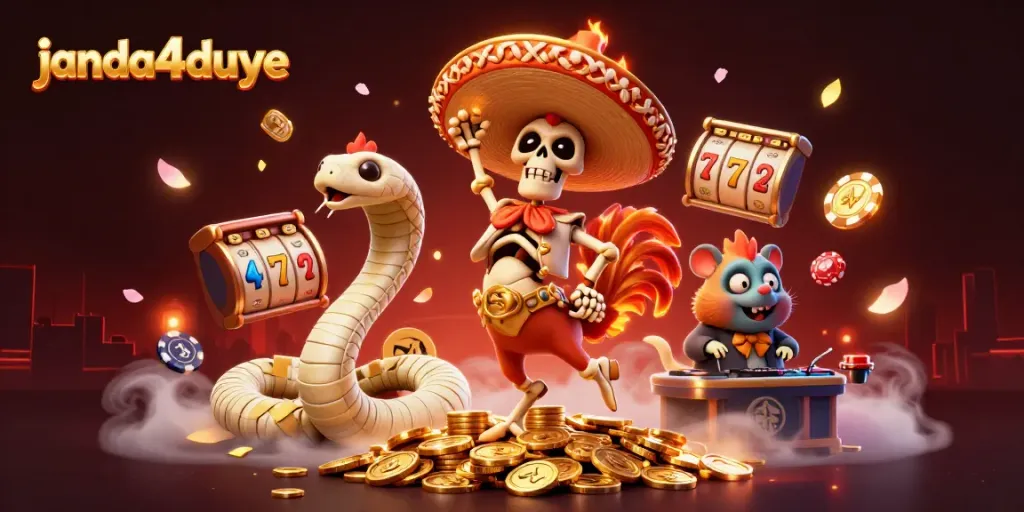 Menangkan jackpot di janda4duye dengan kartun skeleton mariachi merayakan keberuntungan di tengah koin emas.
