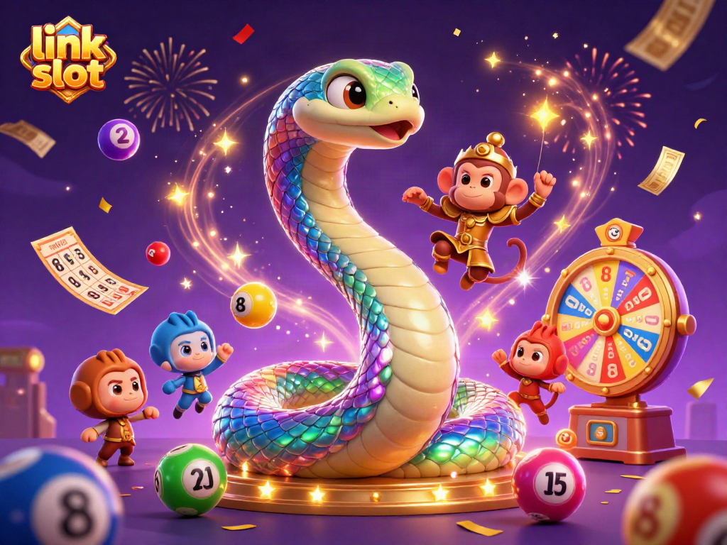 Experience the thrill of link slot gaming with vibrant characters and dynamic prizes in this enchanting illustration.