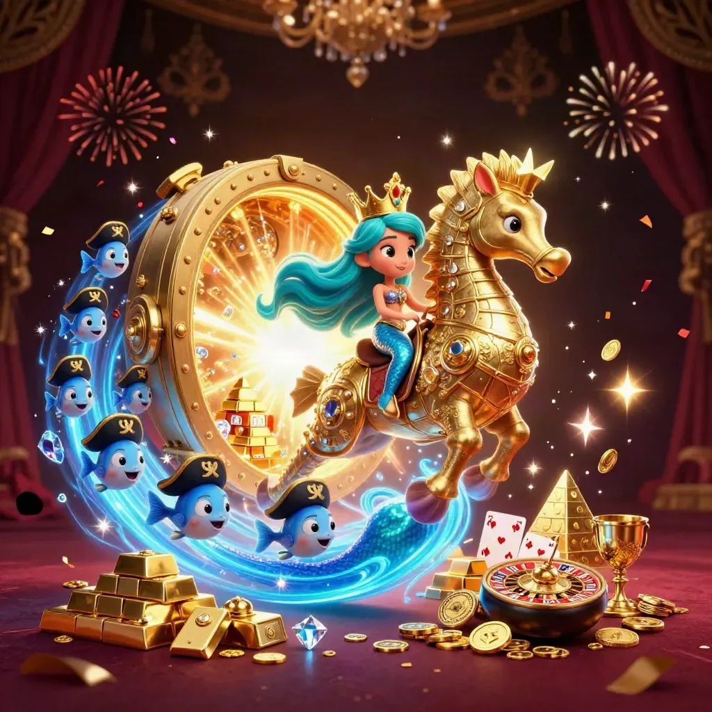 Mermaid princess on a golden seahorse amid treasure vault light, coins, and casino sparkle.