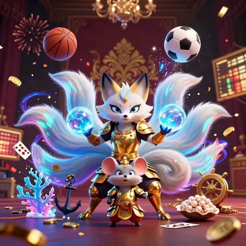 Fox spirit and golden mouse amid casino treasure, balls, coins, and neon effects
