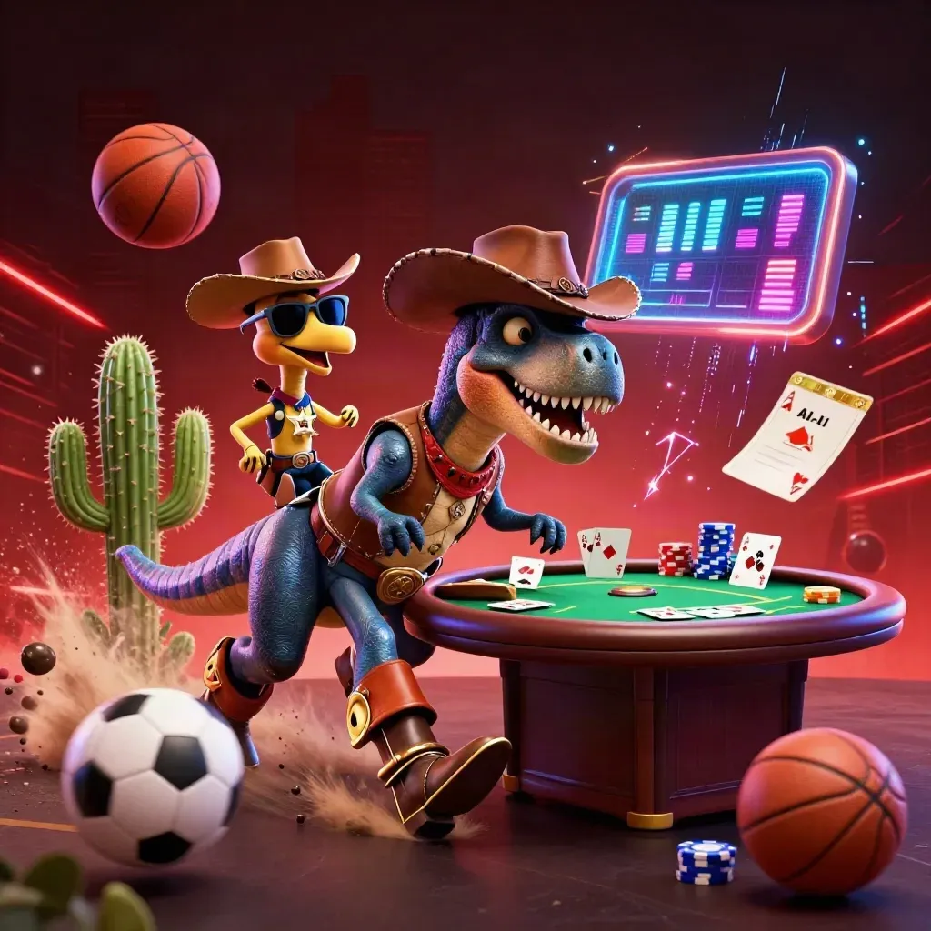 Cowboy T-Rex, cactus, and roadrunner amid poker chips, balls, and neon casino effects.