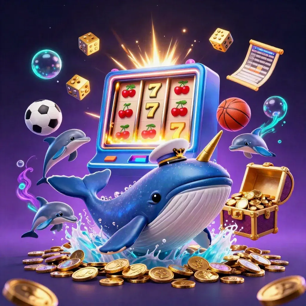 Whale captain, narwhal and dolphins burst through coins with slot symbols and neon casino glow