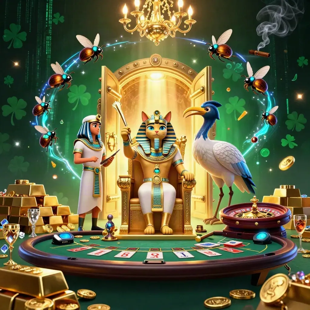 Pharaoh cat, ibis scribe, and gem-wing scarabs amid vault light, gold, and neon casino glamour