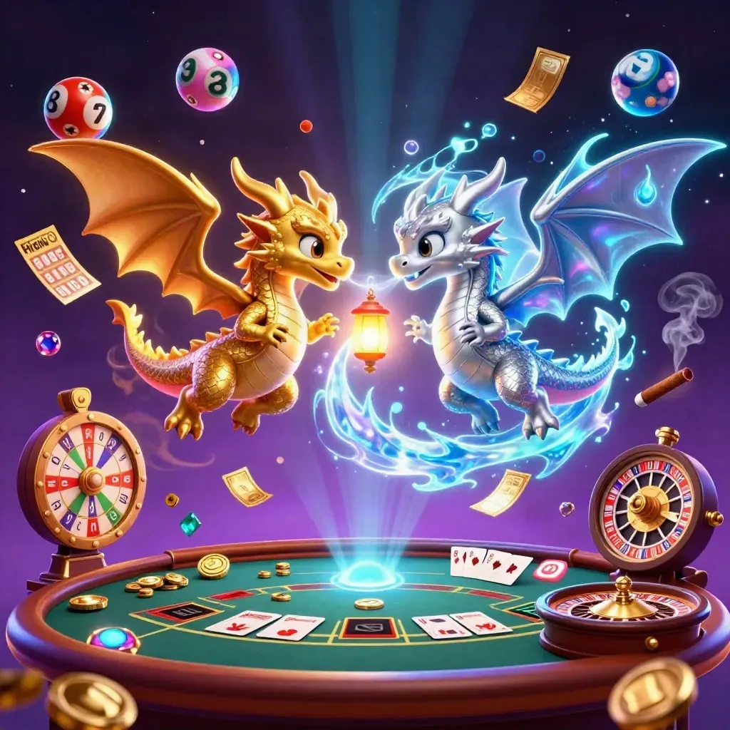Twin dragons spiral through a neon casino scene with lottery balls, wheel, and glowing table props.
