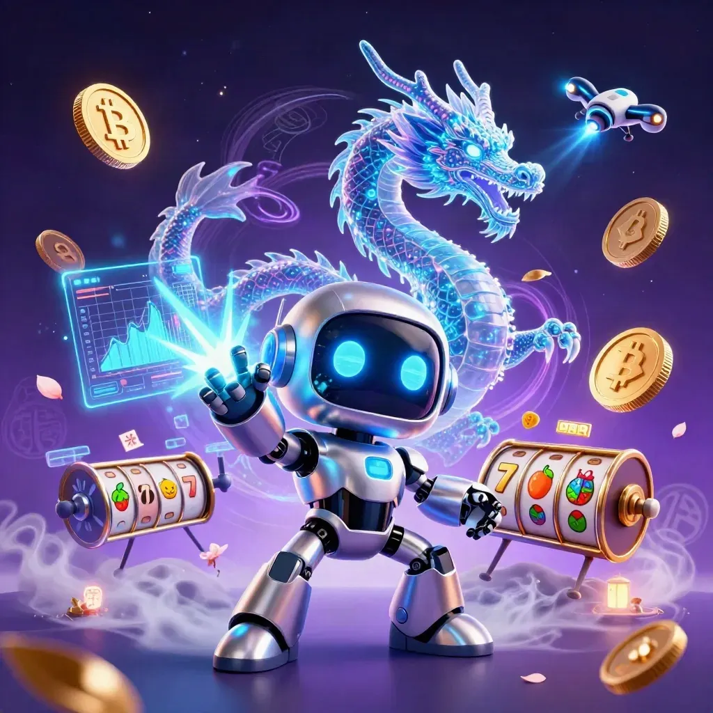 Cyberpunk robot, holographic dragon, and coin drone amid coins, lightning, petals, and neon casino magic.