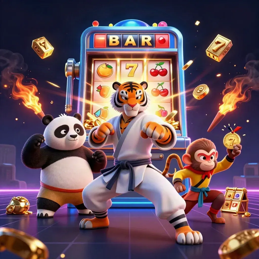 Kung-fu tiger, panda, and monkey burst through a jackpot slot machine in blue-gold casino lights.