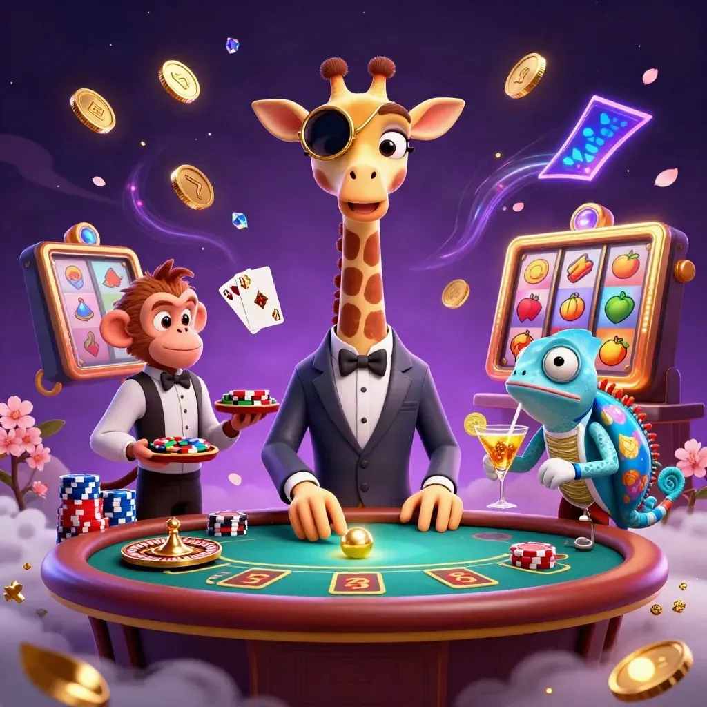 Giraffe high-roller, monkey valet and chameleon bartender amid coins, gems and electric-blue casino magic.